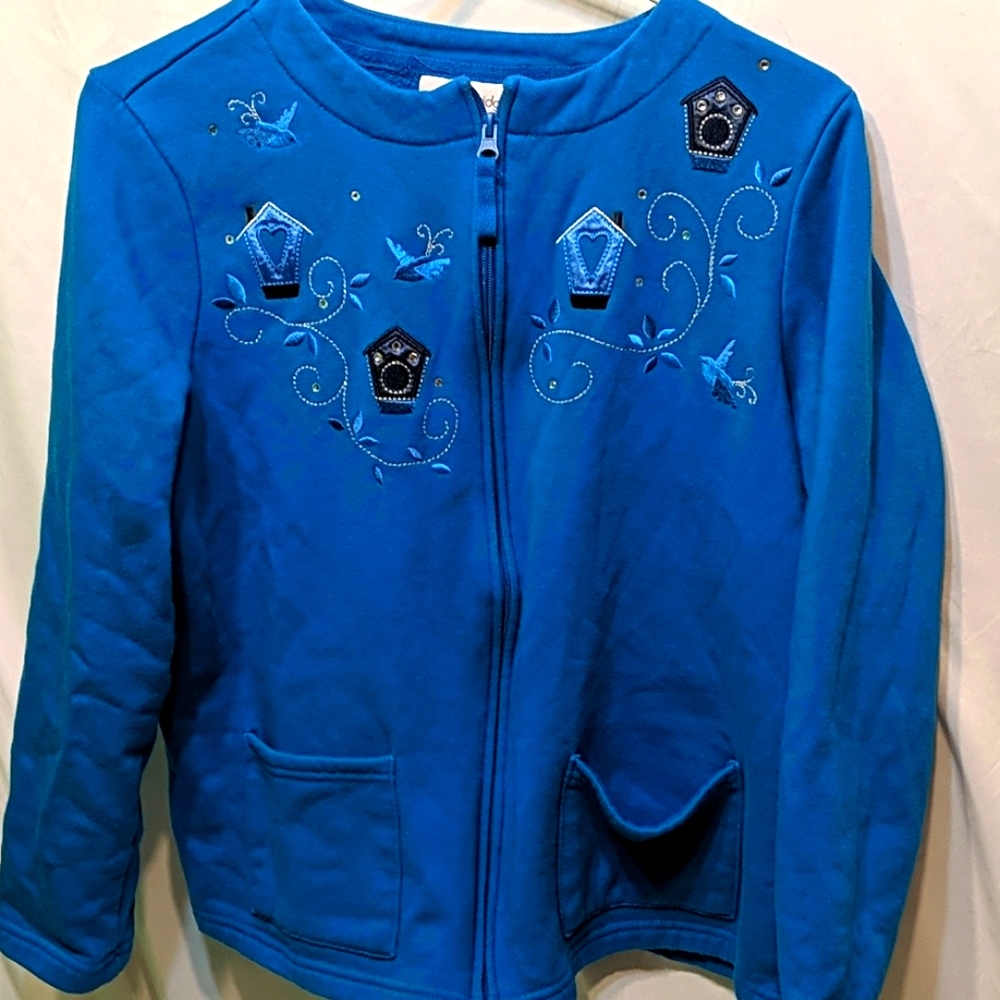 Breckenridge blue jacket size large petite birds embroidered on front